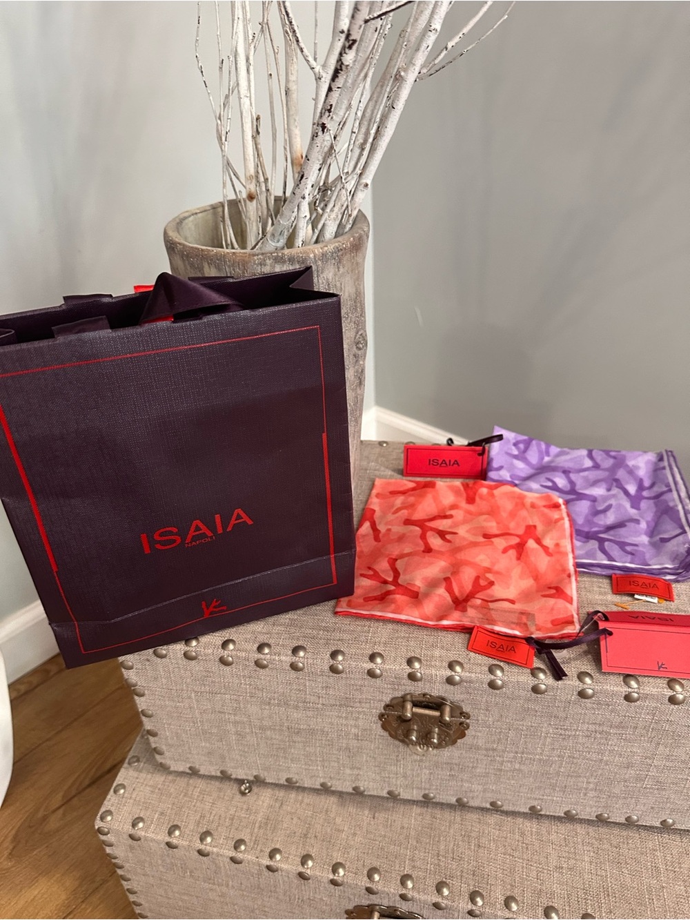 Isaia Coral and Lavender Silk pocket square with Branded Gift Bag